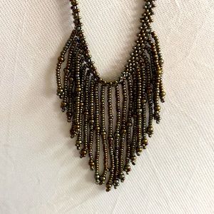 Beaded fringe fashion necklace bronze seed beads boho 16”